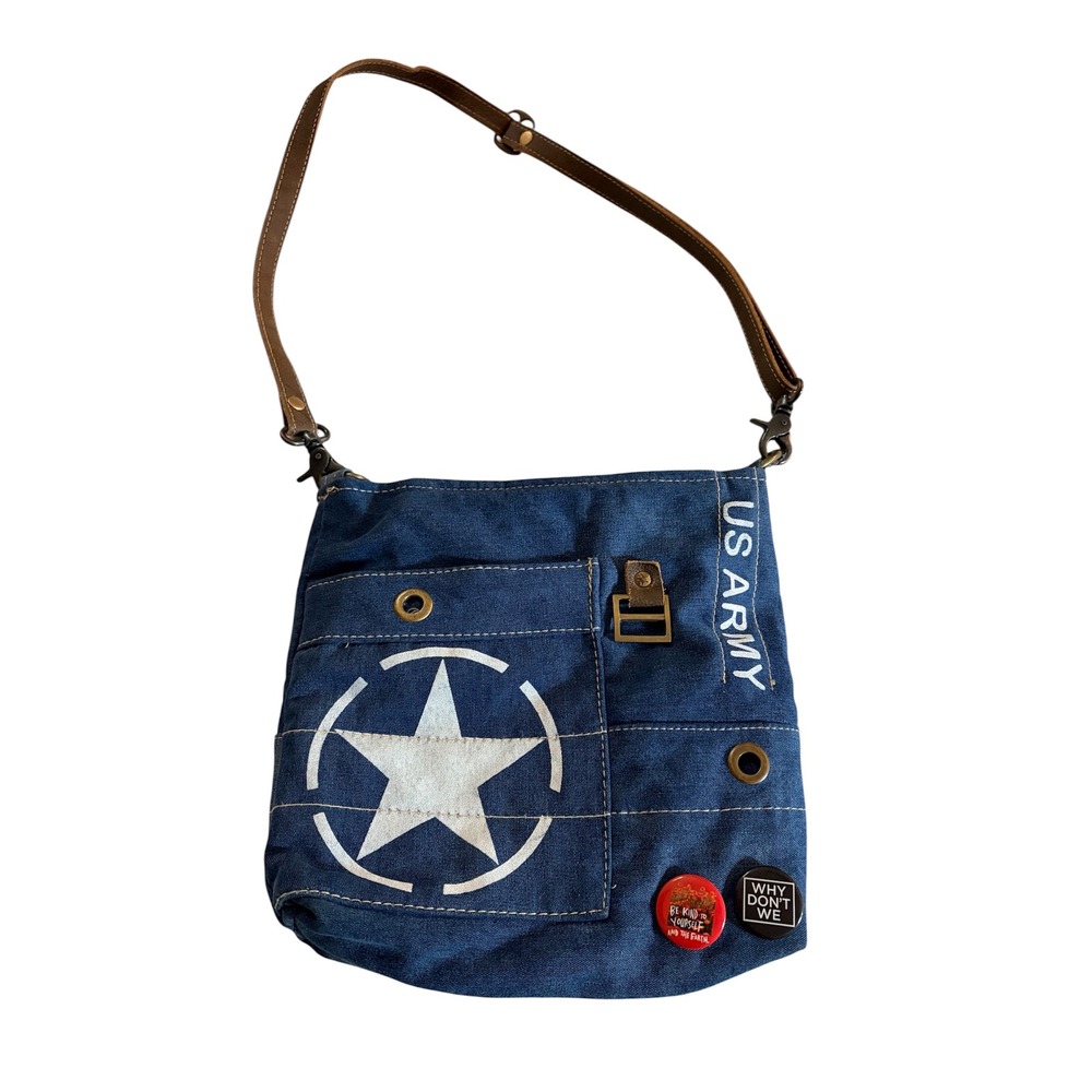 Myra Bag Women's Crossbody Purse Upcycled Denim Canvas Army White Star Design